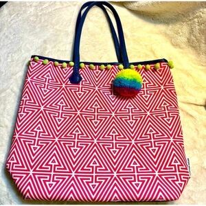 NEW Clinique + Jonathan Adler Tote Bag Large Pink White Geometric pattern Poms
